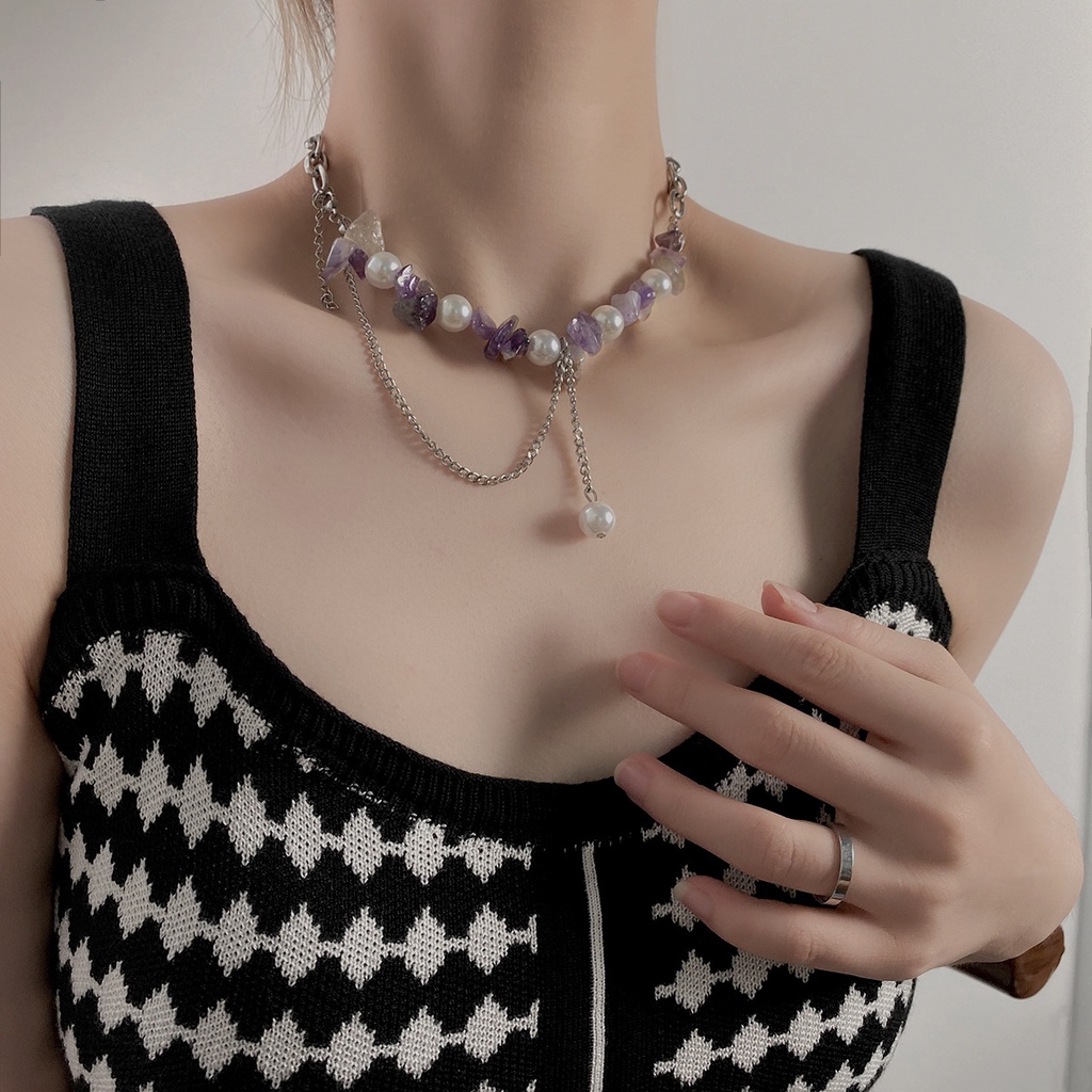 Purple Gravel Stitching Pearl Necklace Accessories Retro Personality Clavicle Chain