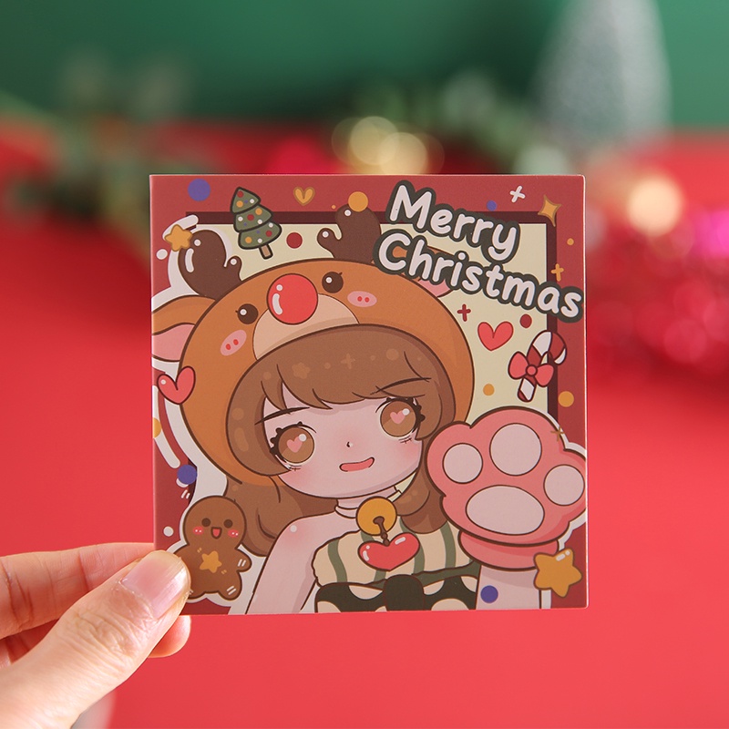 4pcs Kartu Ucapan Mini Desain Kartun Komik Merry Christmas Dengan Amplop