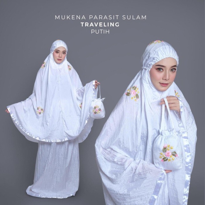 Mukena Dewasa Parasit Sulam Traveling Premium Adem Bonus Pouch Cantik - Putih