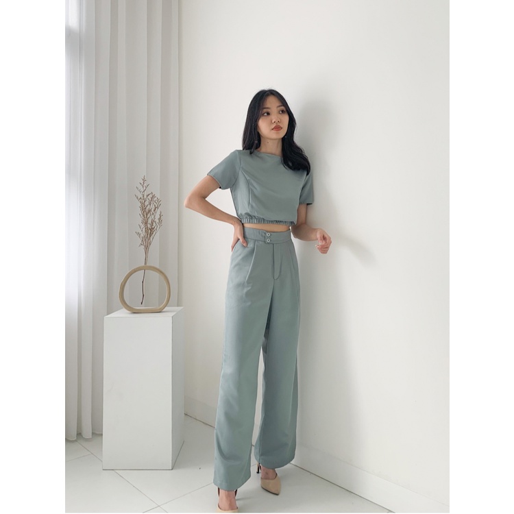 S-0183 Set Crop Top dan Kulot Woven Texture-BLUE-ISH GREY