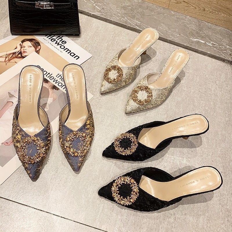 6720 Elegant Party Mules. Bahan PU Leather + Sutra