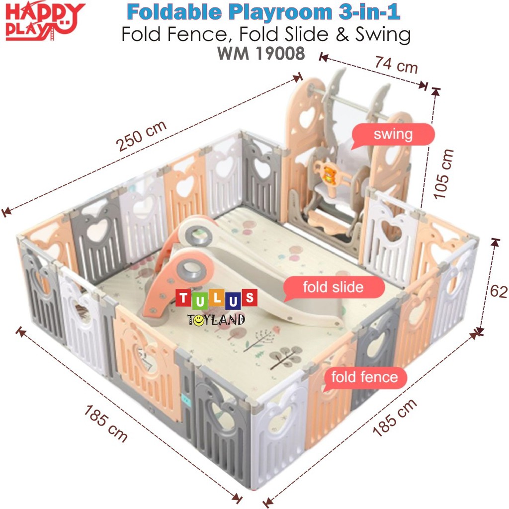 Pagar Perosotan Happy Play Foldable Playroom 3 in 1 Fold Fence Slide Swing WM 19008 Pagar Bayi 3in1
