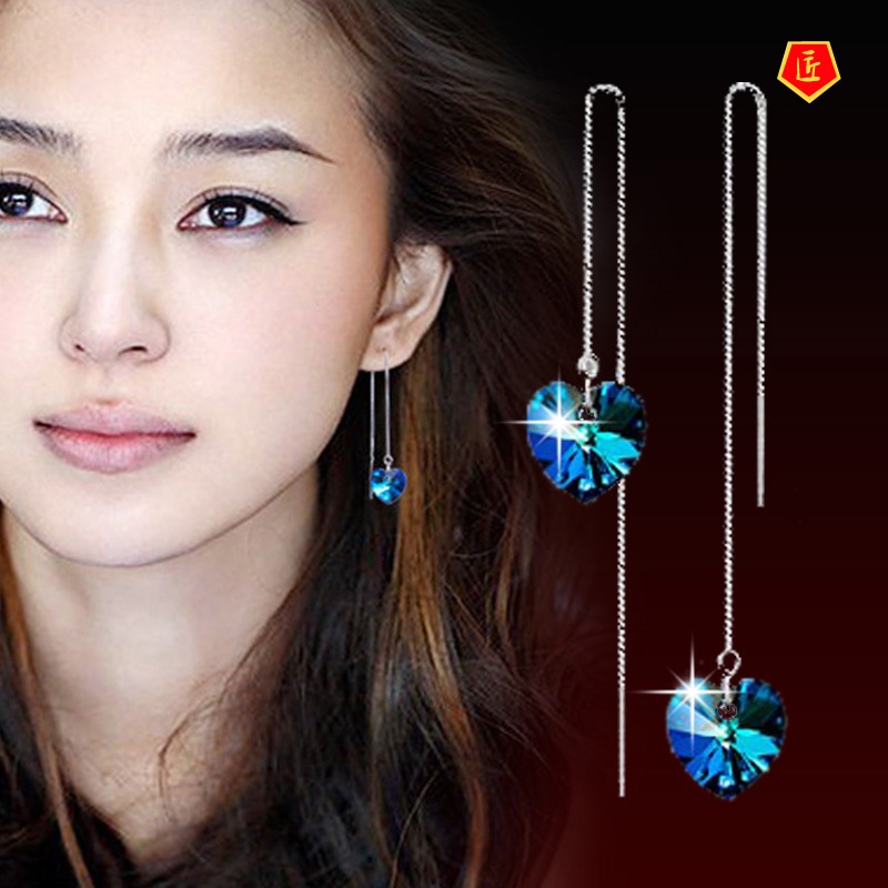 [Ready Stock]Women's Long Heart-Shaped Blue Crystal Earrings Elegant