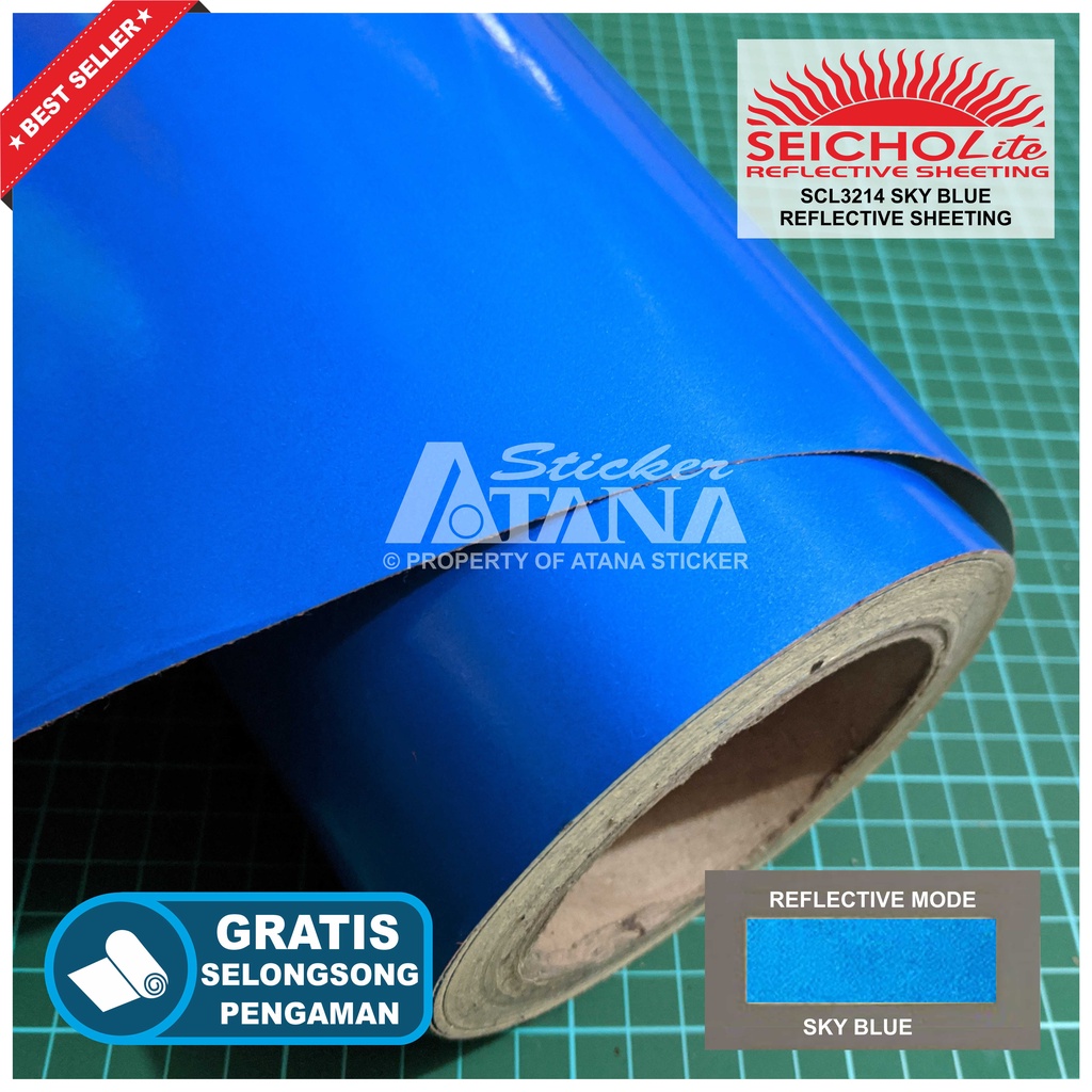 Bahan Stiker Cutting Biru Skotlet Reflektif Fosfor Blue Seicholite Reflective Sheeting Nyala Printing Sticker Material Scotchlite Scolite Scotlet Sechotlite Memantulkan Cahaya Flash Malam Hari Mata Kucing Mesin Plotter