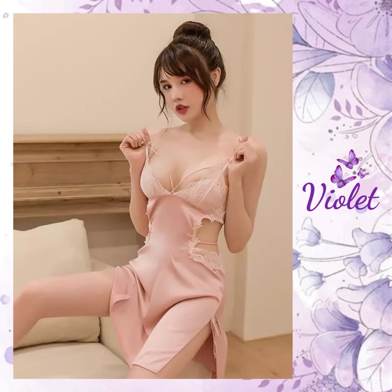 Violet Lingerie Set Sexy Wanita Sutra V Neck Renda Tipis Pakain Dalam Erotis 1159