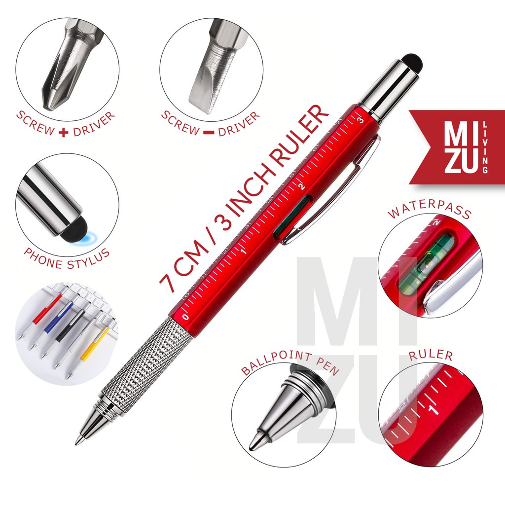 MIZU HYDROSTYLO 6in1 Stylus Ruler Waterpass Screwdriver Ballpoint Pen Pulpen Penggaris Obeng