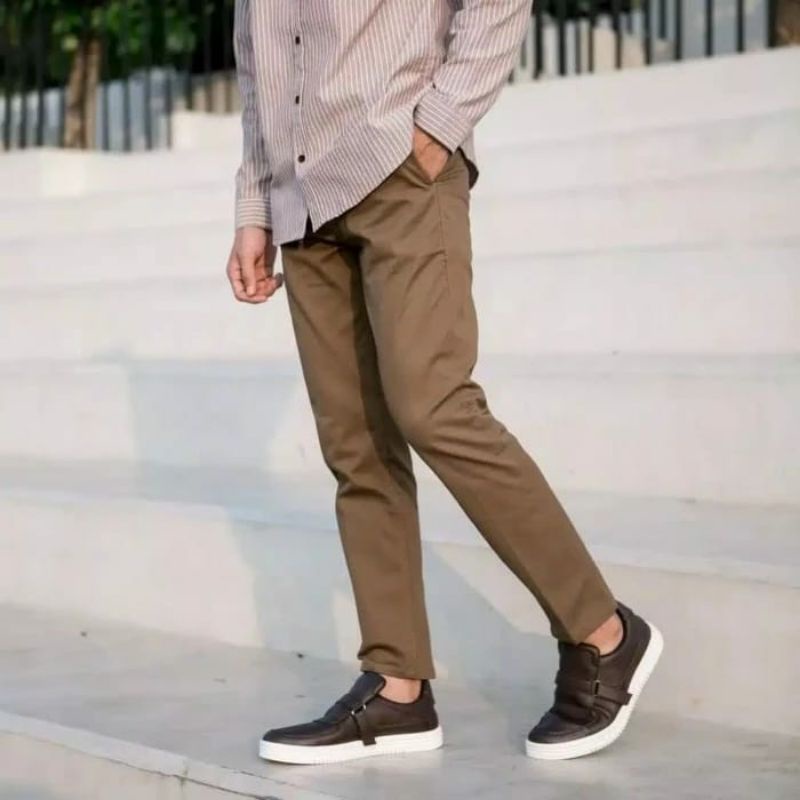 Celana Chino Panjang pria Slimfit KERJAHARIAN Santai Casual Formal Hitam Abu Cream Mocca Size 27-38
