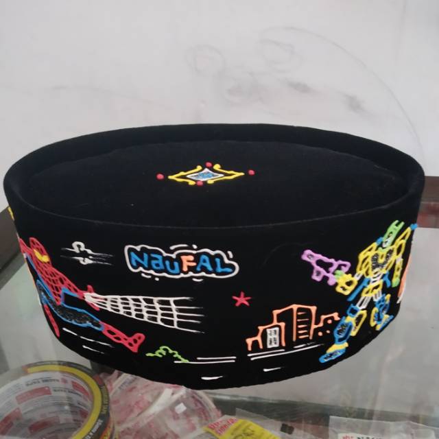 Songkok lukis spiderman transformer anak gratis nama, peci lukis tobot spiderman, kopiah lukis robot