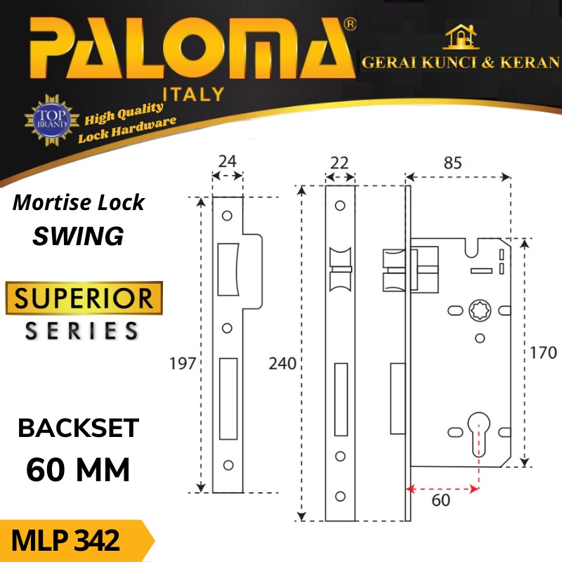 BODY KUNCI PINTU PALOMA SWING MLP 342 STAINLESS  SUPERIOR 60 MM MORTISE LOCK SWING