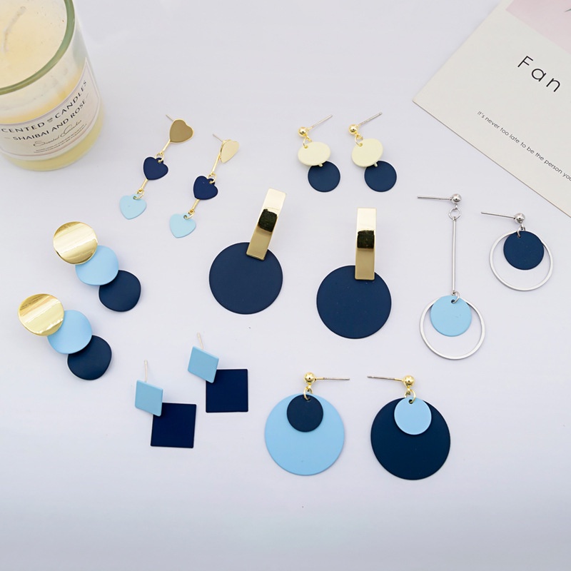 Anting stud Bentuk Bulat Persegi Warna Biru Bahan metal Gaya Korea