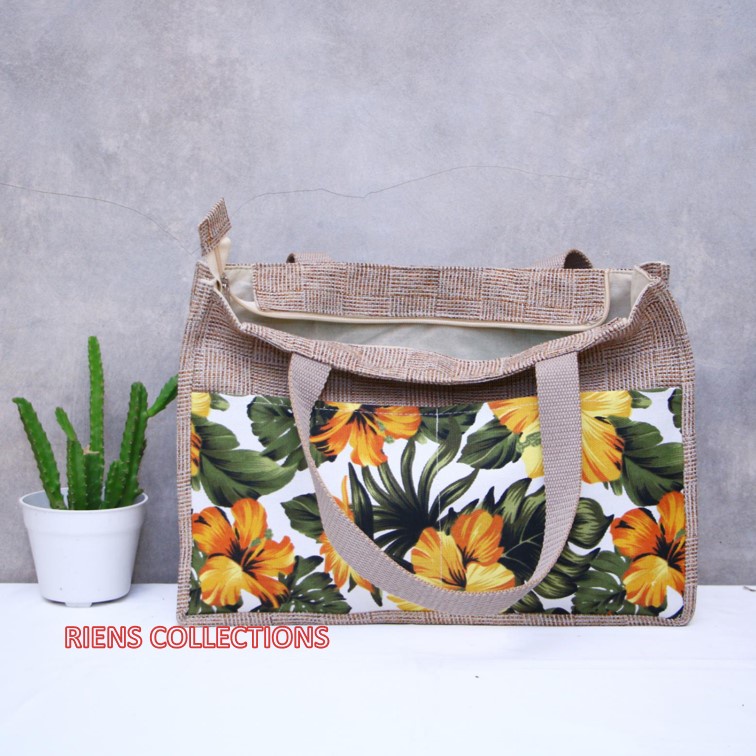 TAS KANVAS TAS GONI SINTETIS KOMBINASI KANVAS MOTIF BUNGA SEPATU KUNING. RIENS COLLECTIONS. TAS WANITA GONI. TAS JOGJA