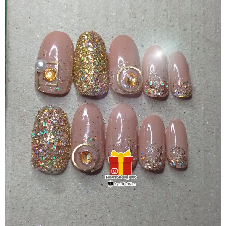 nail art nude gold kuku palsu wedding murah cantik elegant