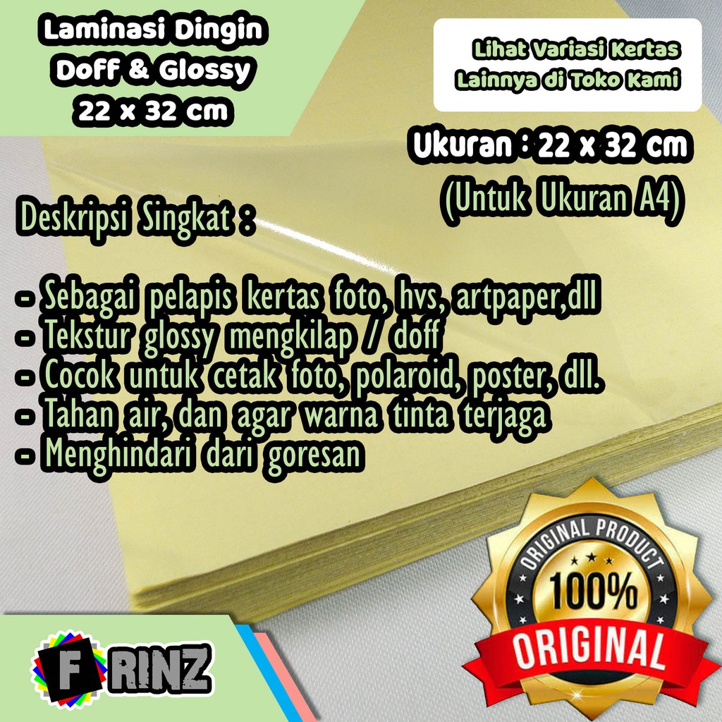 

Sticker Plastik Laminasi Dingin Glossy Mengkilap dan Doff Matte F4 A4 A5 / Laminating Foto Tahan Air High Quality 100 Micron