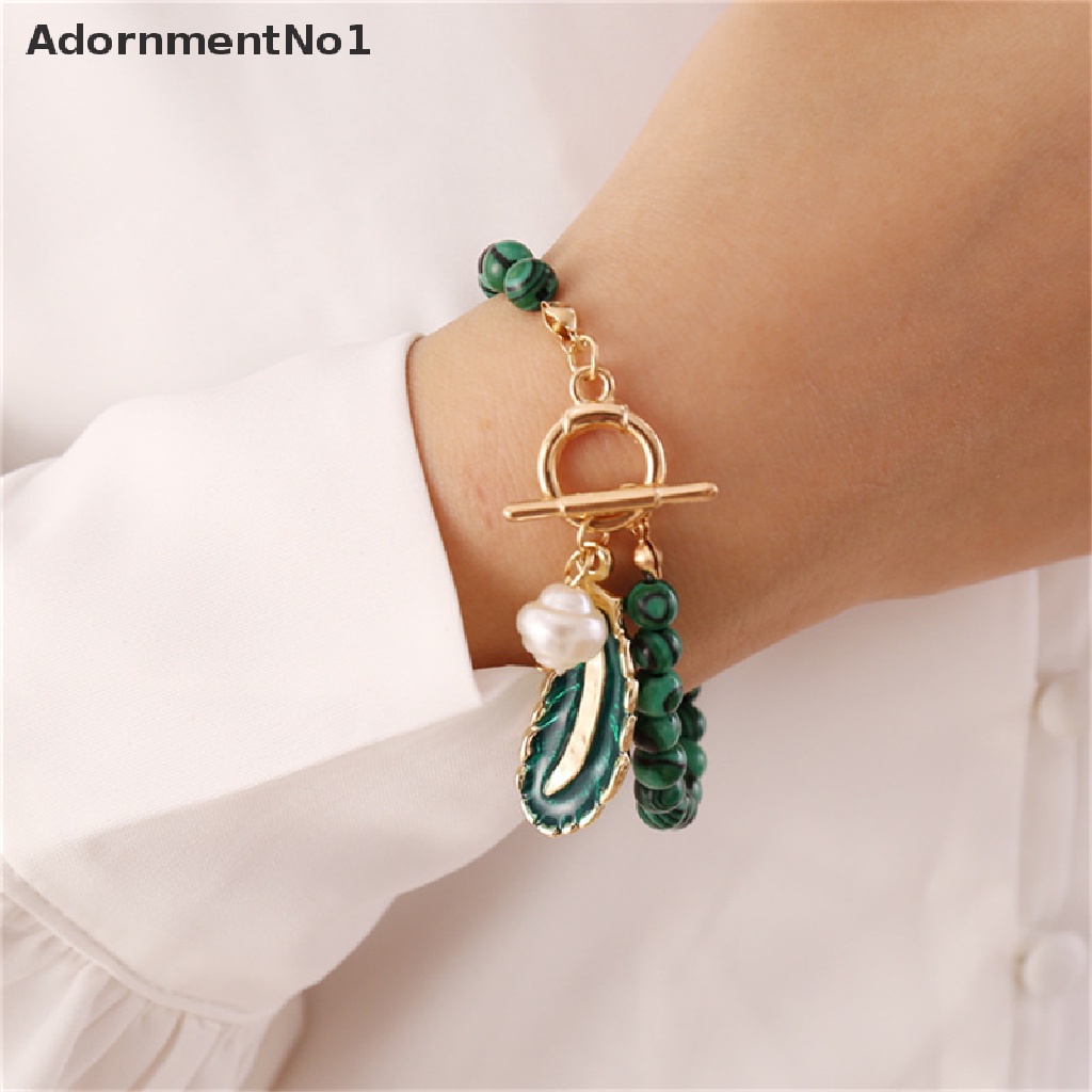 (AdornmentNo1) Kalung Rantai Liontin Daun Malachite Aksen Mutiara Imitasi Bahan Alloy Untuk Wanita