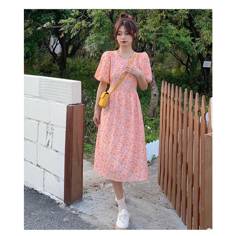 [littlecrab] Dress Bunga Oren Aesthetic Orange Flower Long Dress With Pearl Dress Panjang Model Tradisional Simple Elegan Berkualitas Korean Style Chinese Modern Dress Lengan Pendek Model Bunga Bunga Simple