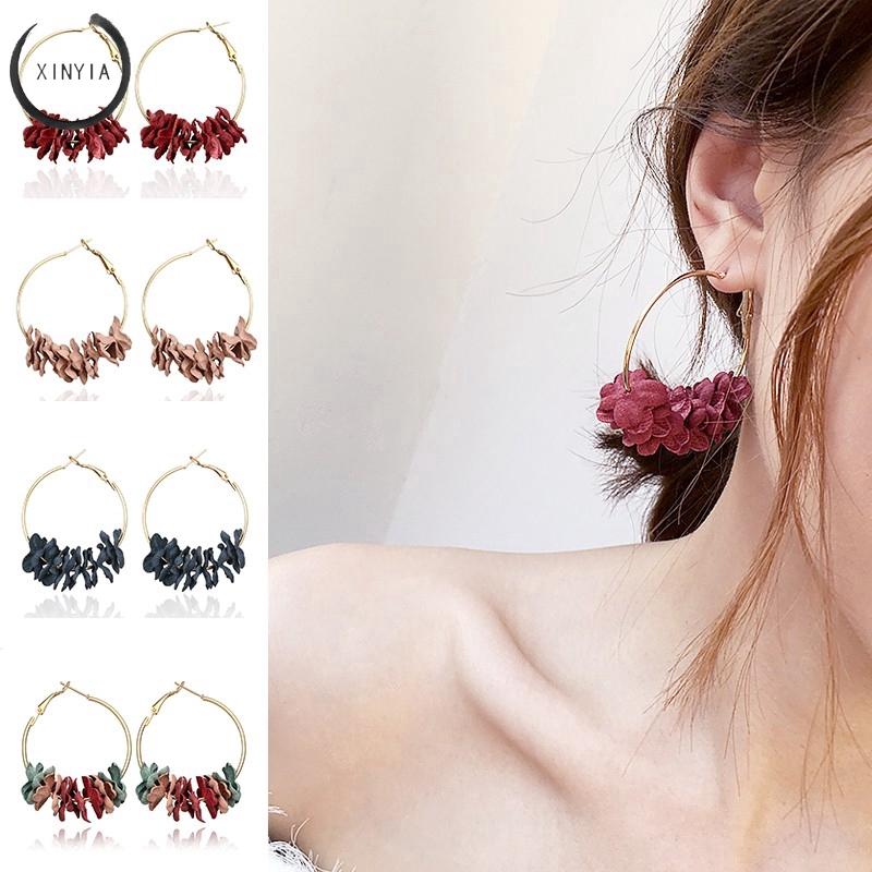 Anting korea Temperament Women's Fabric Flower Flash Anting Panjang