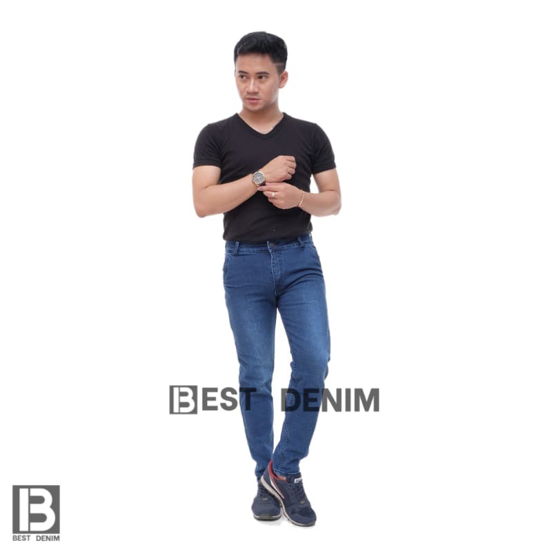 Celana jeans pria panjang slim fit skiny hitam pensil standar reguler jumbo