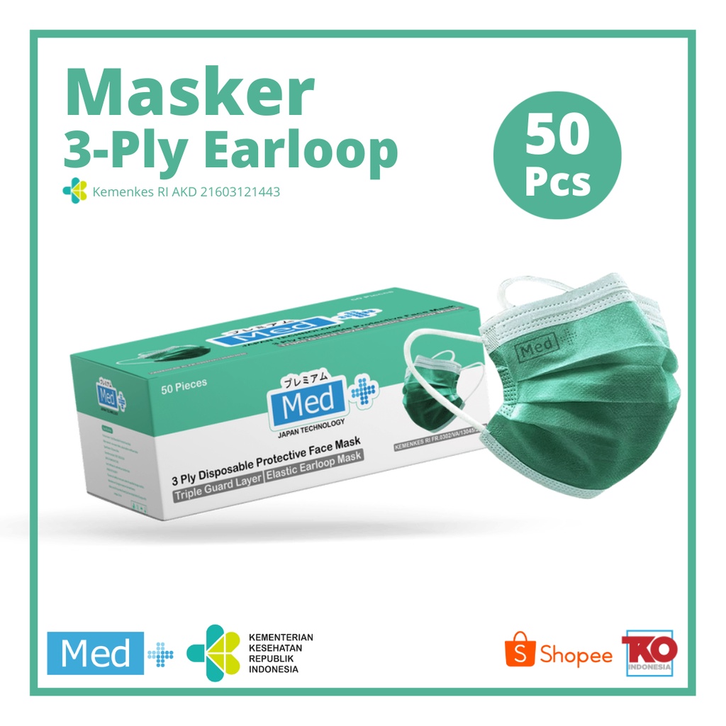 Jual [Med+] Masker EARLOOP Disposable Protective Face Mask 50Pcs 3-Ply ...