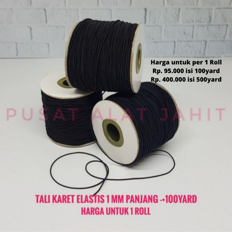 TALI MASKER BULAT KARET ELASTIS ELASTIC BULAT MASKER GELANG KALUNG TASBIH TASBEH HITAM 1MM PER 1 ROL