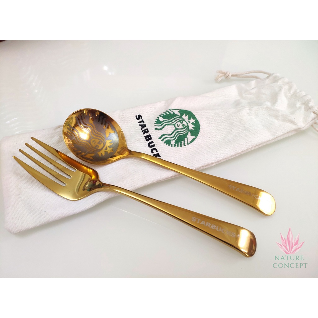 Sendok Garpu Pisau Set Starbucks Stainless Gold Peralatan Makan Set