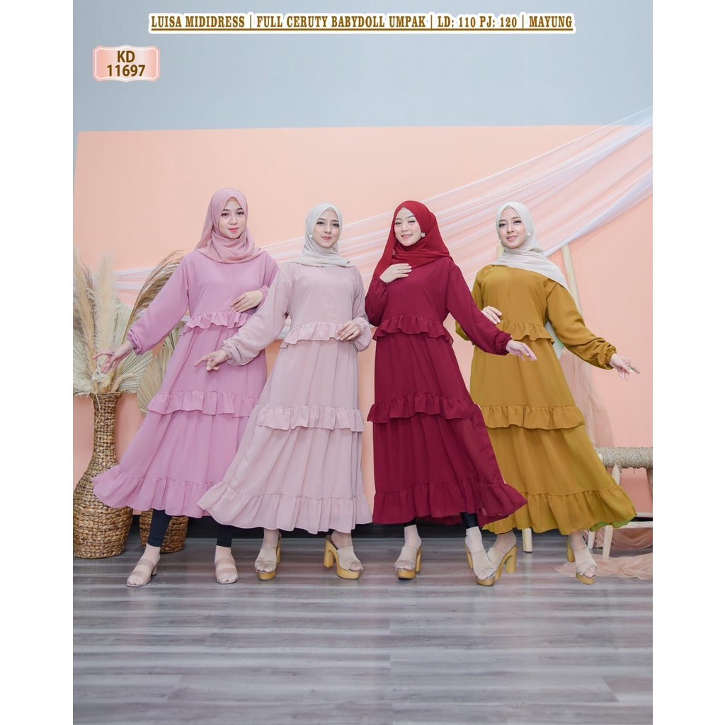 KD 11697 (isi 2) ASYA Midi Dress Full Ceruty Babydoll Umpak Lebar Mayung Polos Premium Cantik Muslim