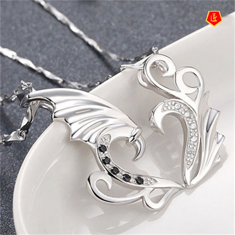 [Ready Stock]925 Silver Angel Love Heart-Shaped Couple Necklace Elegant Fashion