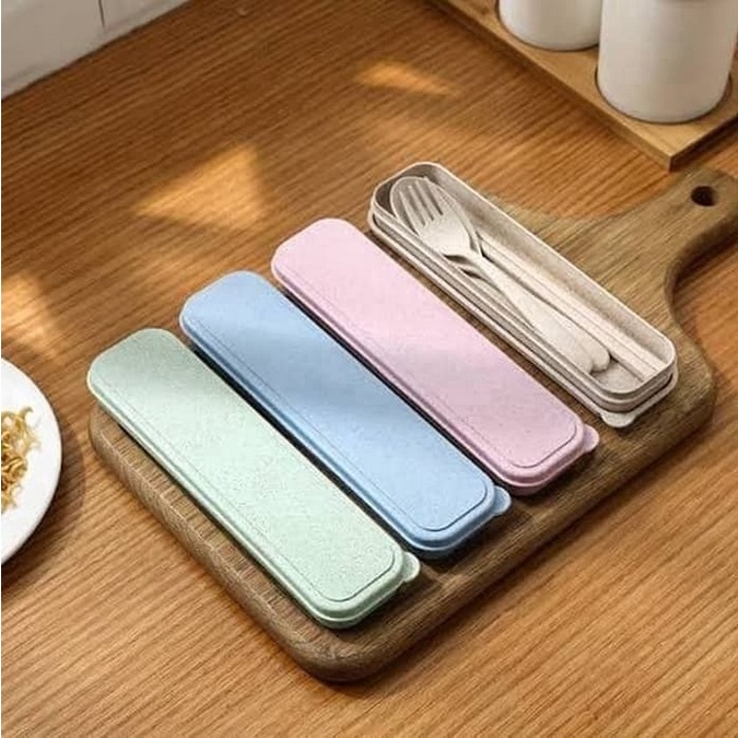 Set Sendok Travel Cutlery Box  / Set Alat Makan 3in1  / Sendok Garpu Sumpit Kotak Bahan Jerami / Set Sendok Garpu Sumpit / Peralatan Makan Traveling