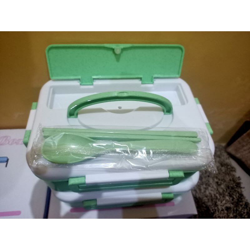 lunch box lucu 3 sekat /tempat bekal set sendok + sumpit/ tempat kotak makan siang bpa free