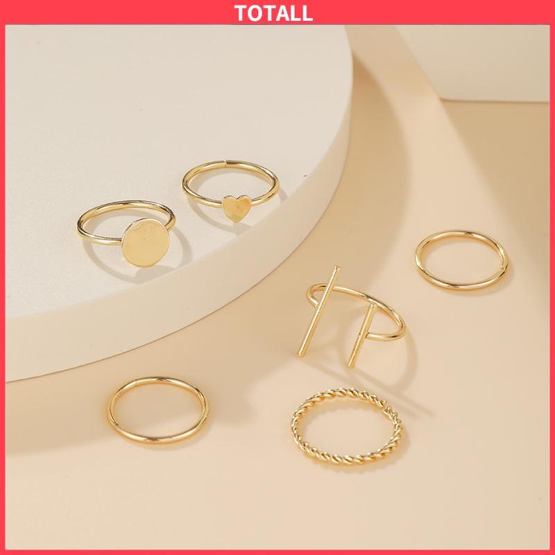 COD 6 pcs Retro Cincin Cinta Kreatif Gaya Keren Paduan Geometris Bersama Cincin Set-Totall