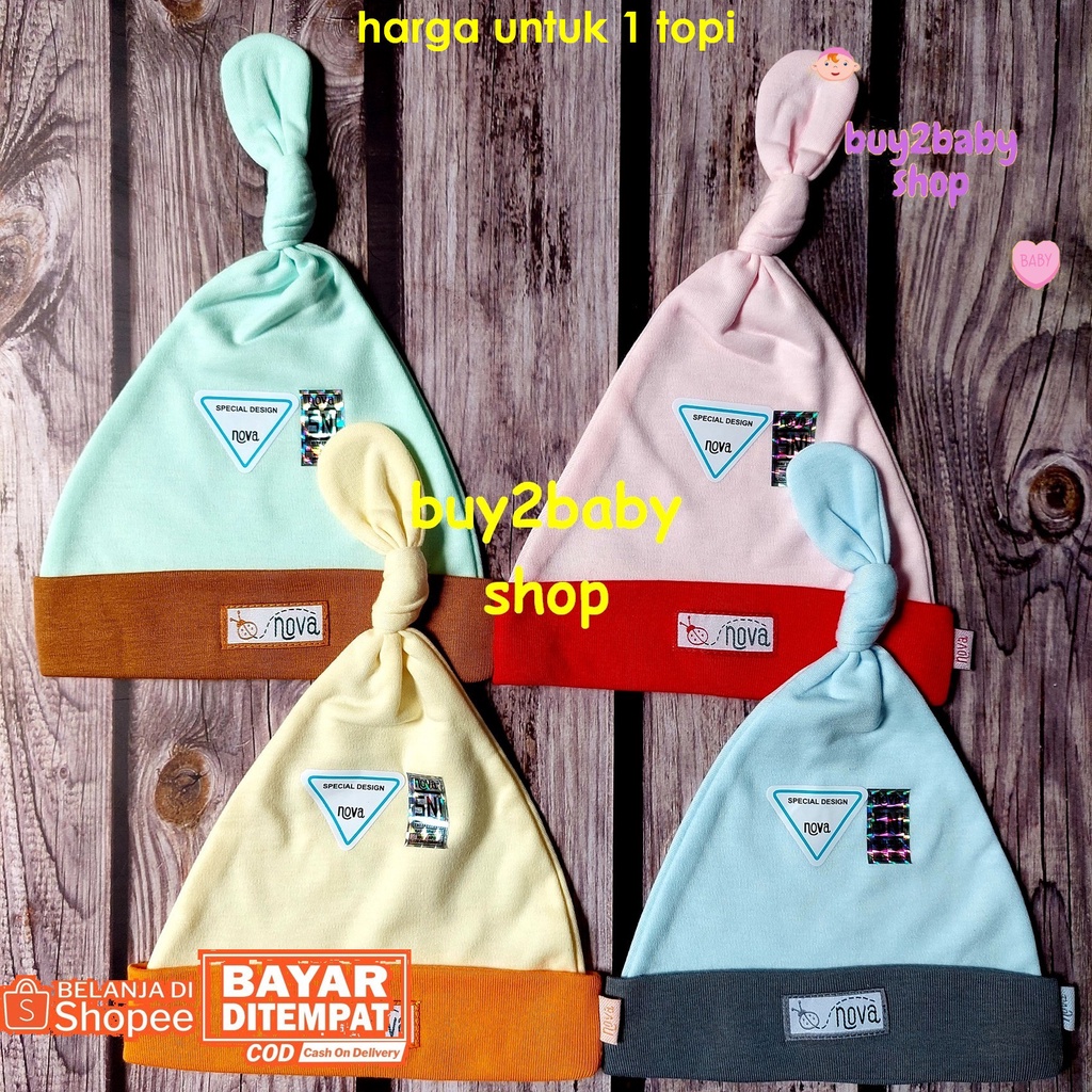 Topi bayi model kupluk tali NOVA Warna soft polos usia 0-6 Bulan 1 PCS