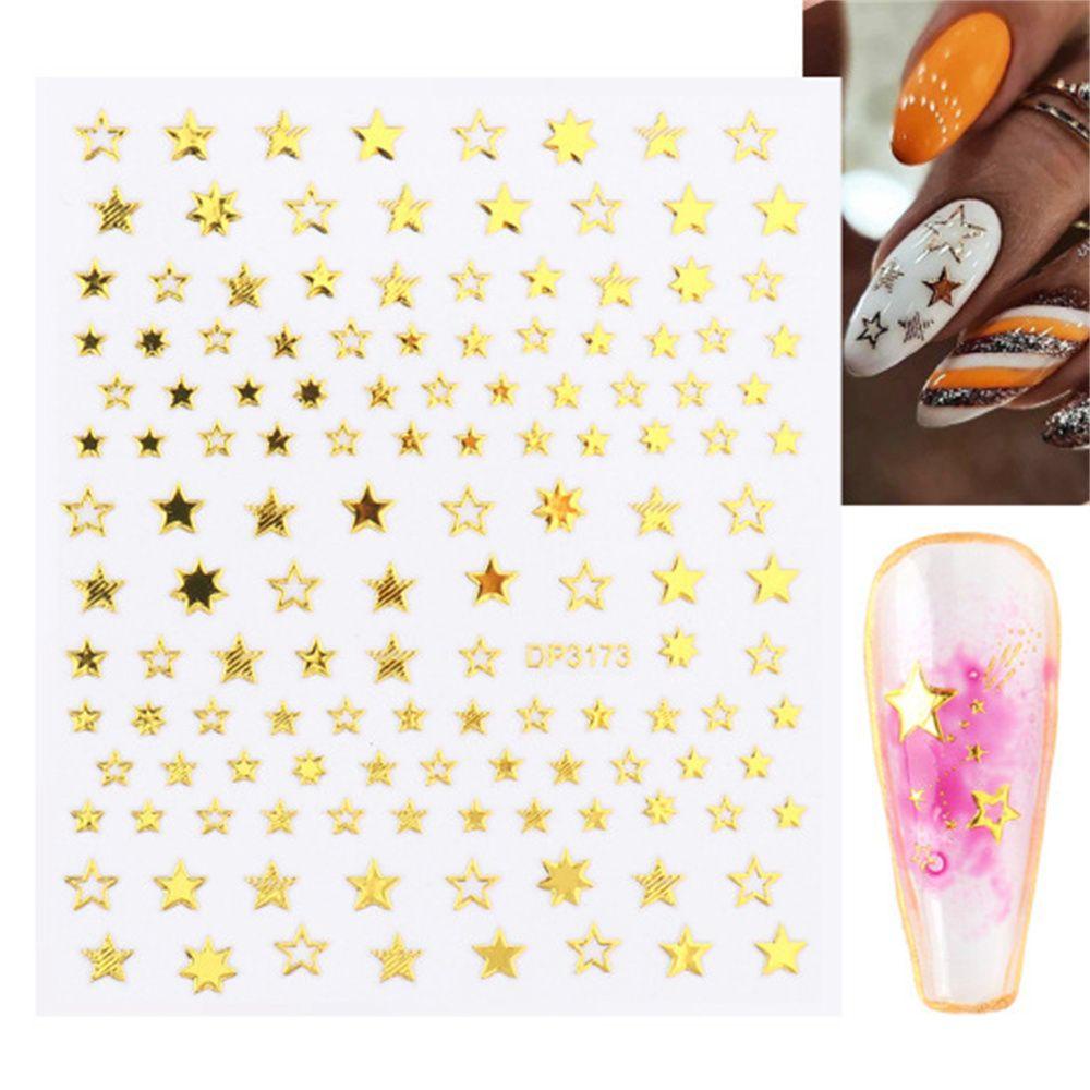 R-flower 3D Nail Sticker Star Silver Gold Garis Geometris Stripe Transfer Stiker