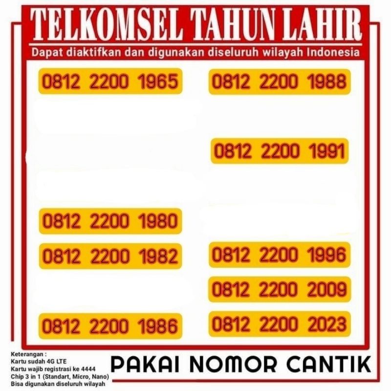 kartu perdana nomor cantik TELKOMSEL simpati tahun lahir super rapih