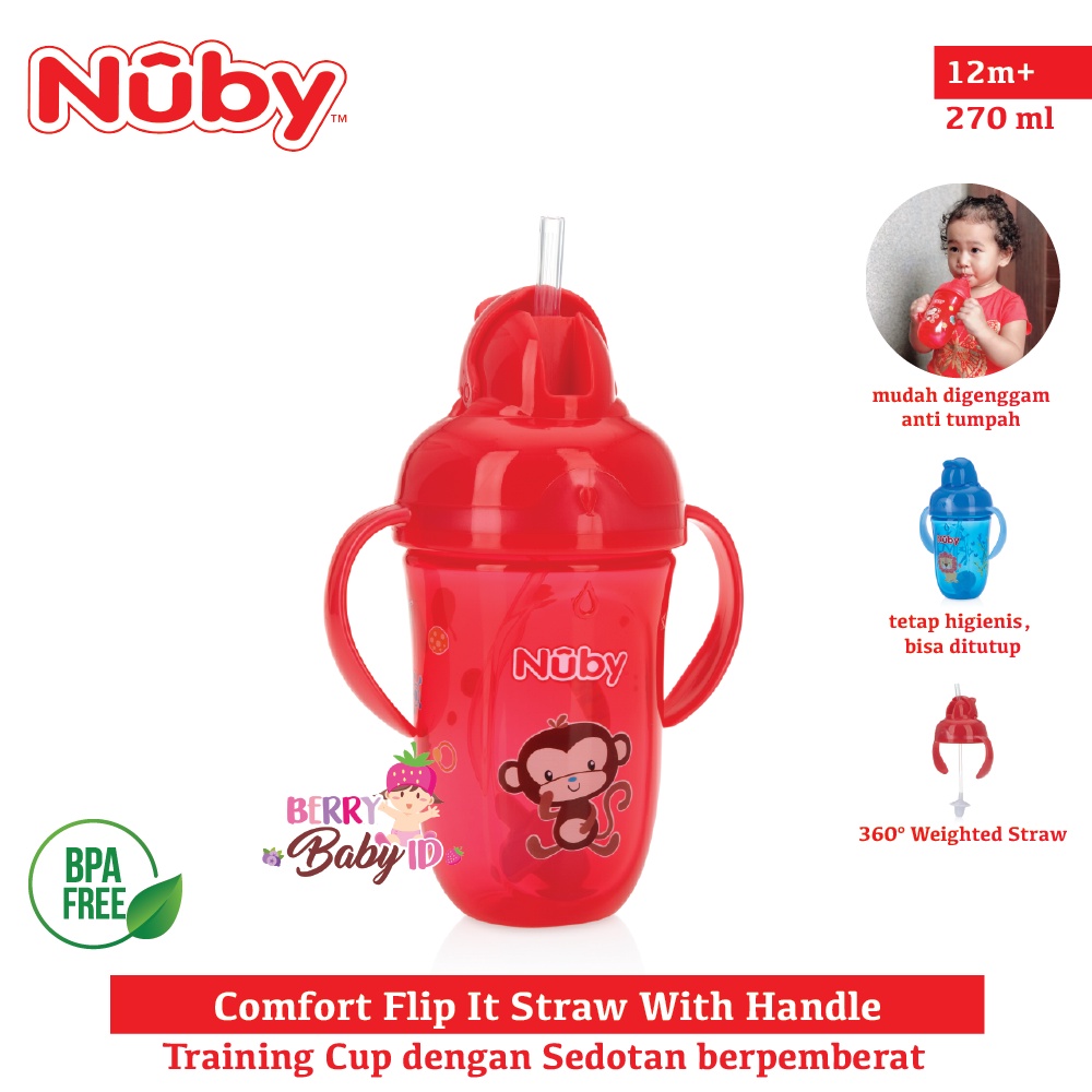 Nuby PP Comfort Flip It Straw With Handle Botol Minum Bayi Anak Botol Sedotan BPA Free 12m+ Berry Mart