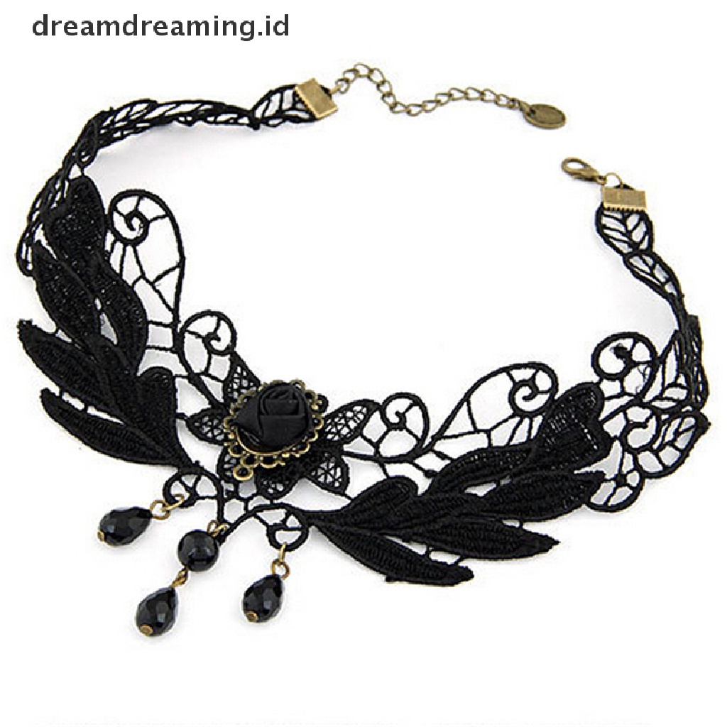 Dreamdreaming.id Kalung Choker Wanita Bahan Lace Hias Mawar Hitam