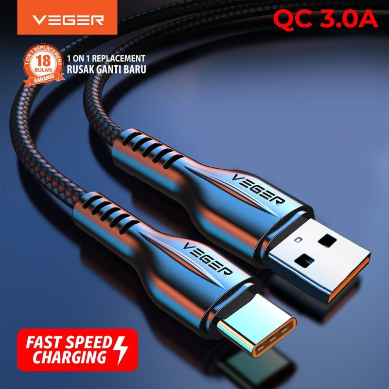 Kabel Data VEGER VG18 USB Type - C 100cm QC.3.0 Fast Charging