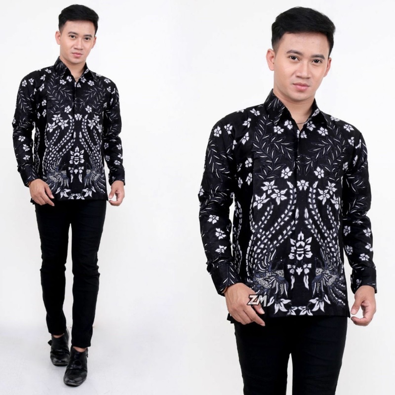 Batik Pria Lengan Panjang BATIK AZMIL HRB026 motif KERATONAN Kode 002 size M L XL XXL Reguler-Kmj emprit abu