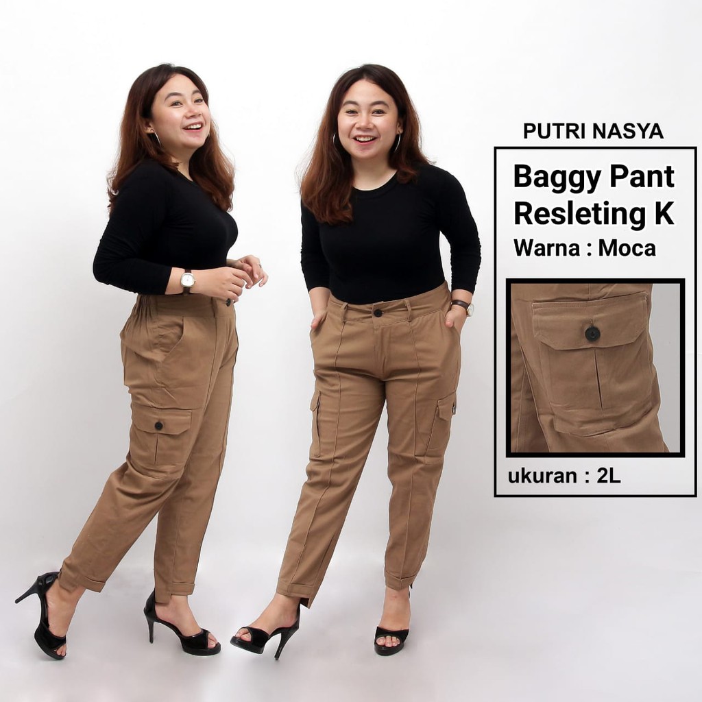 Celana Baggy Pant K Super Jumbo XXL, 4L, 5L, 6L, 8L Chino Stret Resleting Cream Moca Capucino Hitam / Celana Kerja Wanita Jumbo / Celana Kantor Big Size Wanita / Celana Karet Katun Kekinian / Celana Bahan Formal Seragam Wanita Super Big