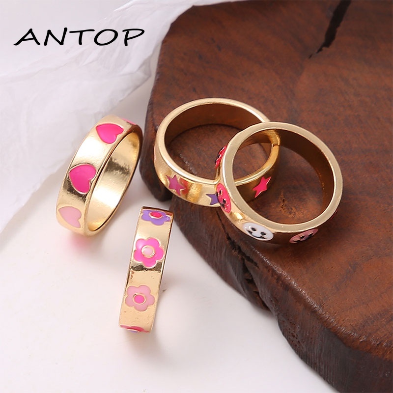 Fashion Sederhana Macarons Bohemian Kartun Cincin Cinta Smiley Bunga Bintang Seri Cincin Pasangan ANTOP