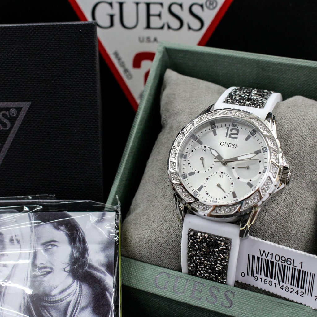 Jam Tangan Wanita Guess W1096L1 Ladies Chronograph White Dial Black White Rubber