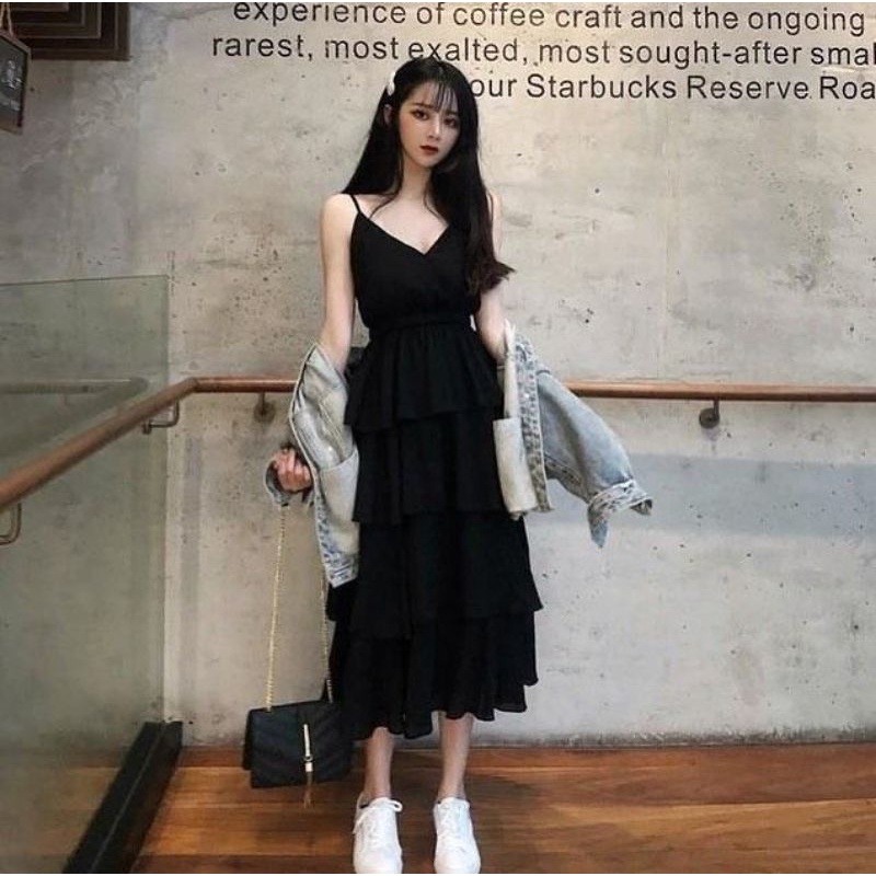 KOREAN DRESS RUFFLES - BLACK AND BROKEN WHITE - DRESS SUMMER - BAJU PANTAI