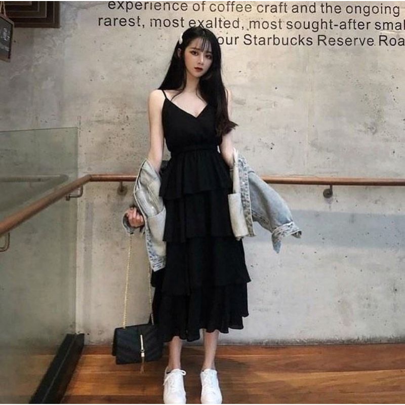 KOREAN DRESS RUFFLES - BLACK AND BROKEN WHITE - DRESS LARIS