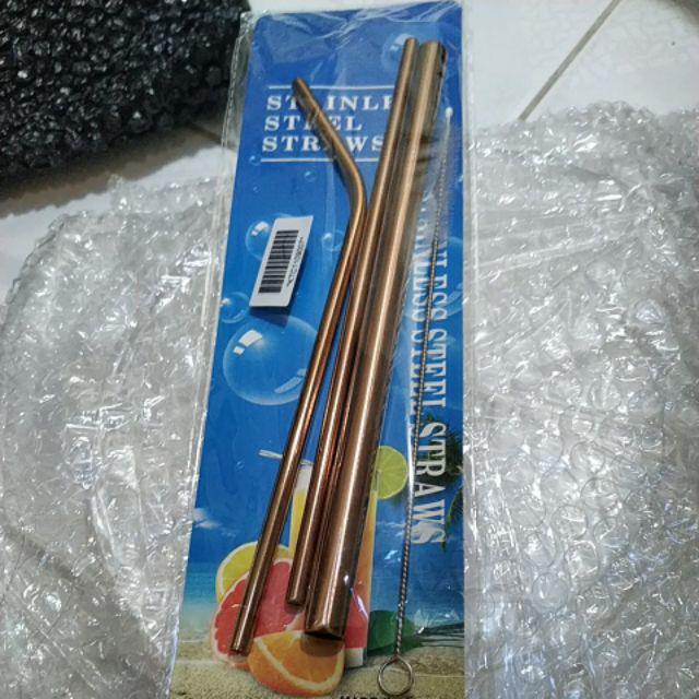 Sedotan Stainless Steel / Sedotan Lurus & Melengkung + Sikat Sedotan - Rose Gold