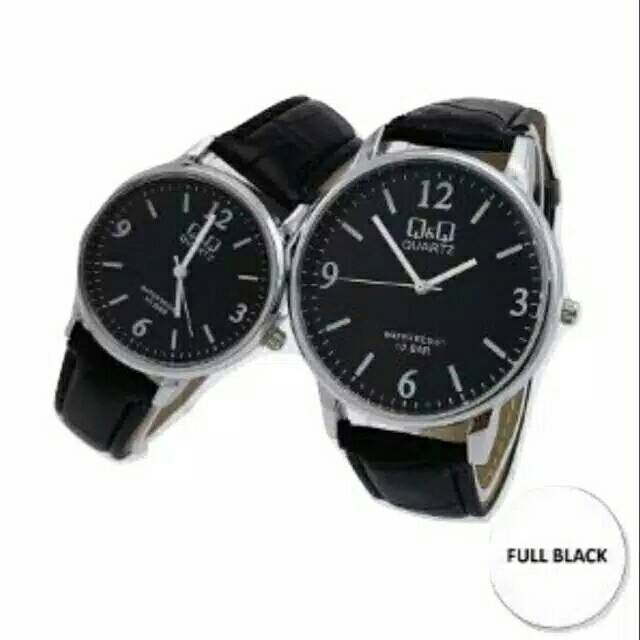 Jam Tangam Couple/Pria/Wanita Q&amp;Q Analog Kulit Plat Hitam