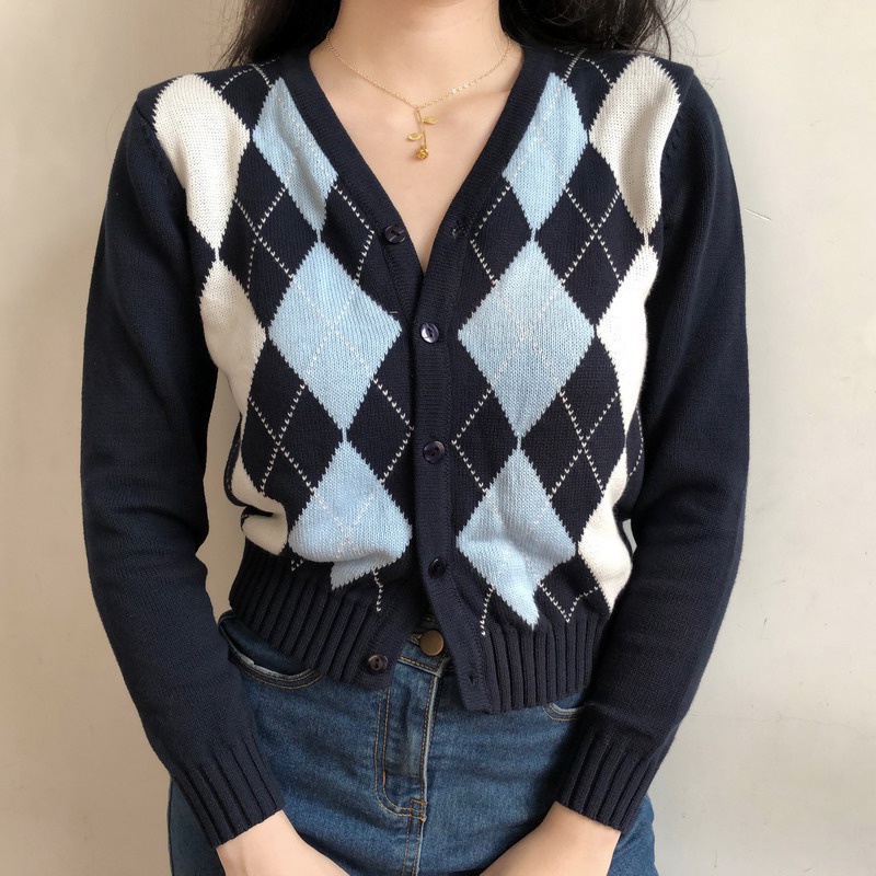 [chaoo.id]Kardigan Rajut Wanita Lengan Panjang Retro Kotak-kotak Atasan Potong Sweater Rajut Korea