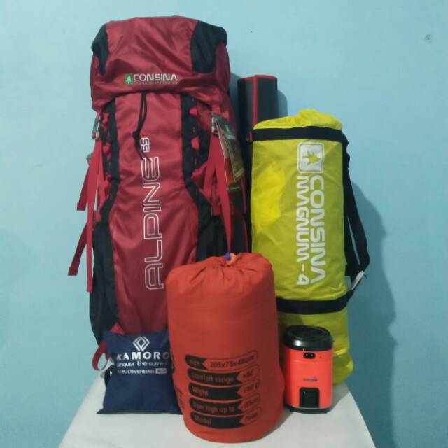 Paket Hemat Lengkap Consina Tas Carrier Alpime Tenda Magnum 4 Sb Matras Raincover Lampu Tenda