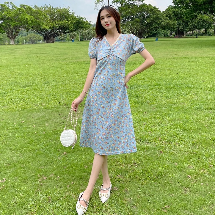 Midi Dress Perancis Retro Gaya Casual