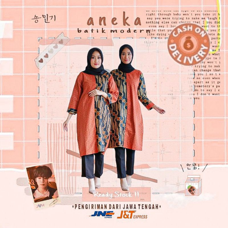 DRESS BATIK WANITA TUNIK SELUTUT M L XL XXL WARNA ORANGE MIX COKLAY HITAM KONDANGAN KERJA KANTOR