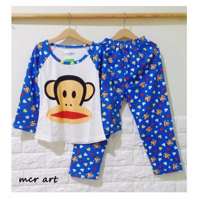 STKD294 - Setelan Piyama Anak Monkey Big Face Love Blue