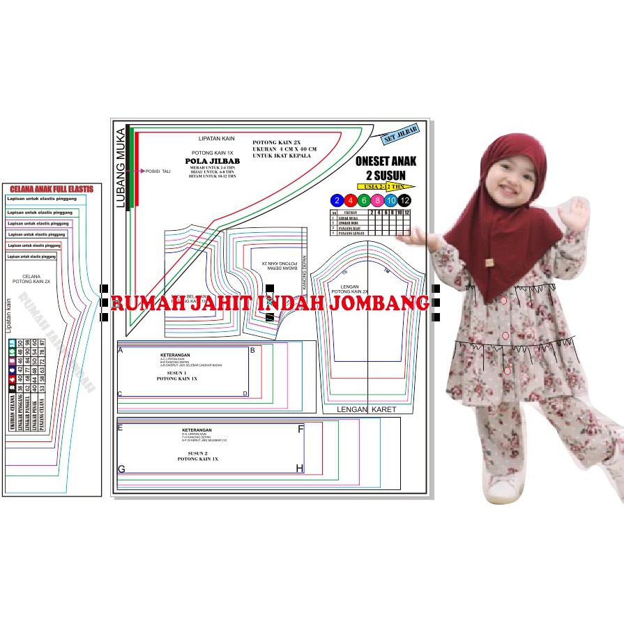 pola baju pola jahit ONESET ANAK PLUS JILBAB