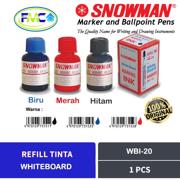 Tinta Spidol Whiteboard Non Permanent Snowman Papan Tulis Boardmarker Isi Ulang Sepidol  Refil Warna Hitam Biru Merah Hijau Asli Original